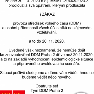 Prodloužení uzavření DDM do 20. 11. 2020!